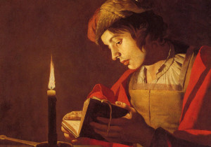 Matthias Stom, Lesender junger Mann bei Kerzenlicht. Stockholm, Nationalmuseum. Stummes Lesen mit geschlossenen Lippen, wie es dieses Bild vorführt, ermöglicht intensives Lesen.