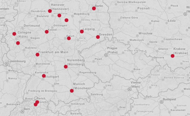 Map of sites in Europe holding Johann Georg Sulzer’s manuscripts